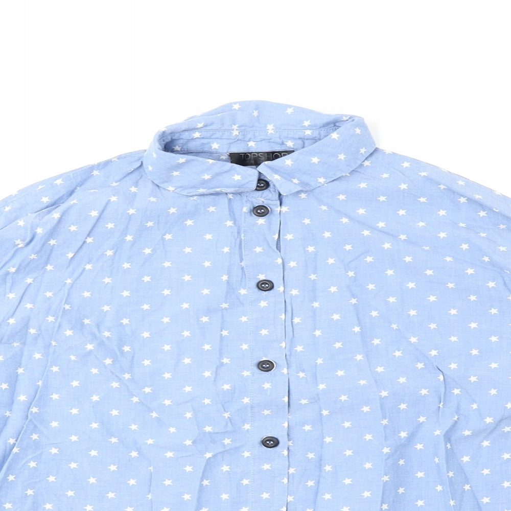 Topshop Womens Blue Geometric Cotton Basic Button-Up Size 6 V-Neck - Star Print