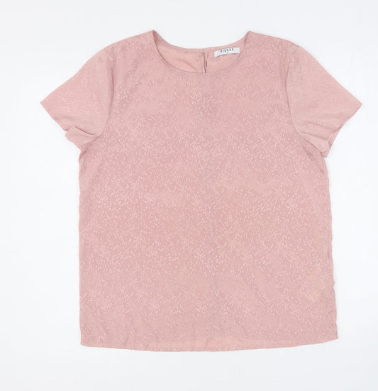 Pieces Womens Pink Geometric Polyester Basic Blouse Size M Round Neck