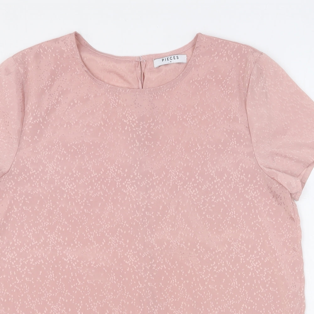 Pieces Womens Pink Geometric Polyester Basic Blouse Size M Round Neck