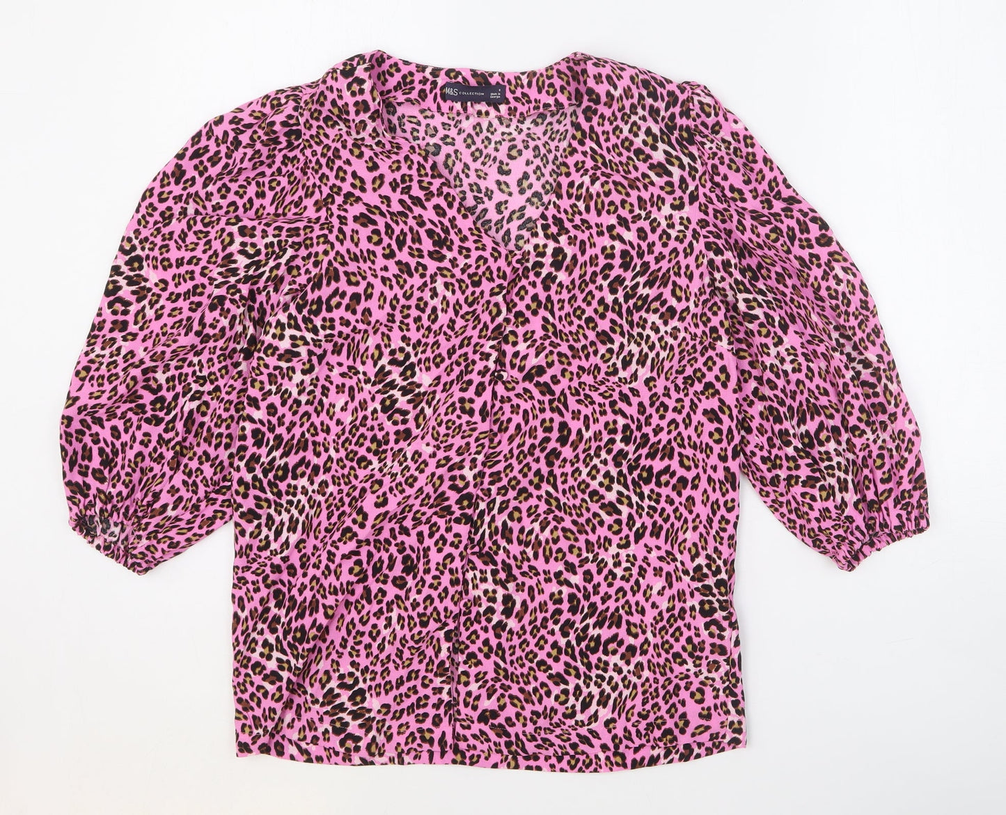 Marks and Spencer Womens Pink Animal Print Viscose Basic Button-Up Size 8 V-Neck - Leopard Print
