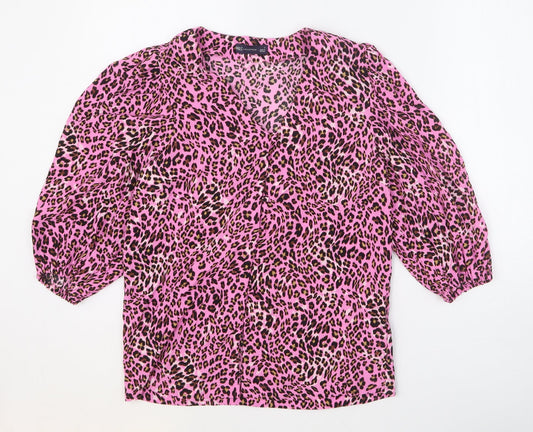 Marks and Spencer Womens Pink Animal Print Viscose Basic Button-Up Size 8 V-Neck - Leopard Print