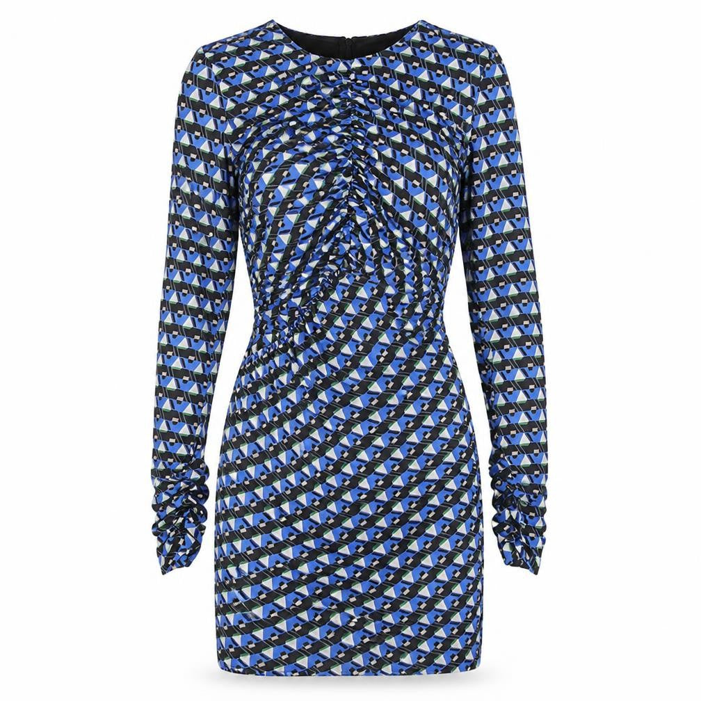 Zara Womens Blue Geometric Polyester Bodycon Size S Round Neck Zip