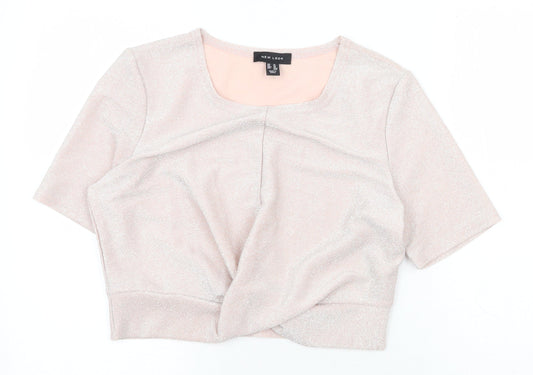 New London Womens Pink Nylon Basic Blouse Size 14 Square Neck - Twist Detail