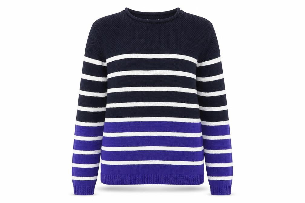 Bonmarché Womens Blue Round Neck Striped 100% Cotton Pullover Jumper Size M