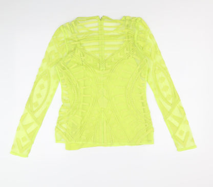 Marks & Spencer Womens Green Geometric Polyester Basic Blouse Size 8 Round Neck