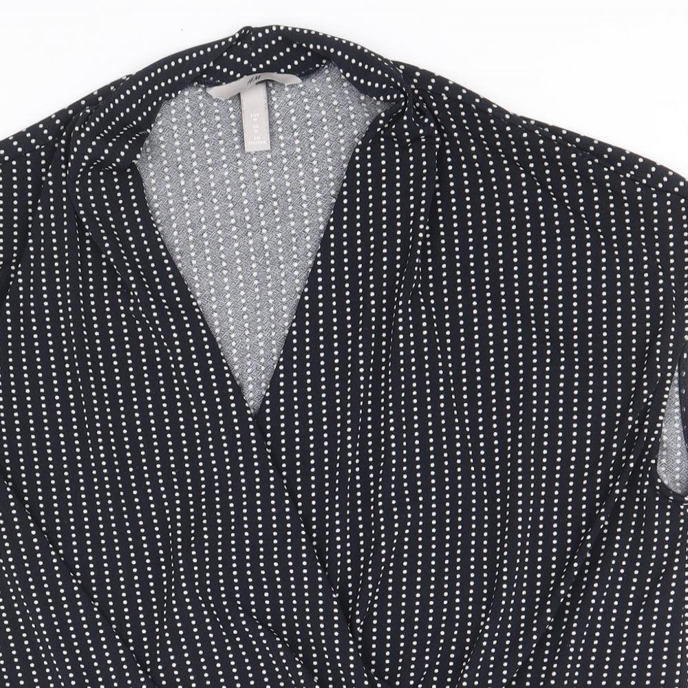 H&M Womens Blue Polka Dot Polyester Basic Blouse Size M V-Neck
