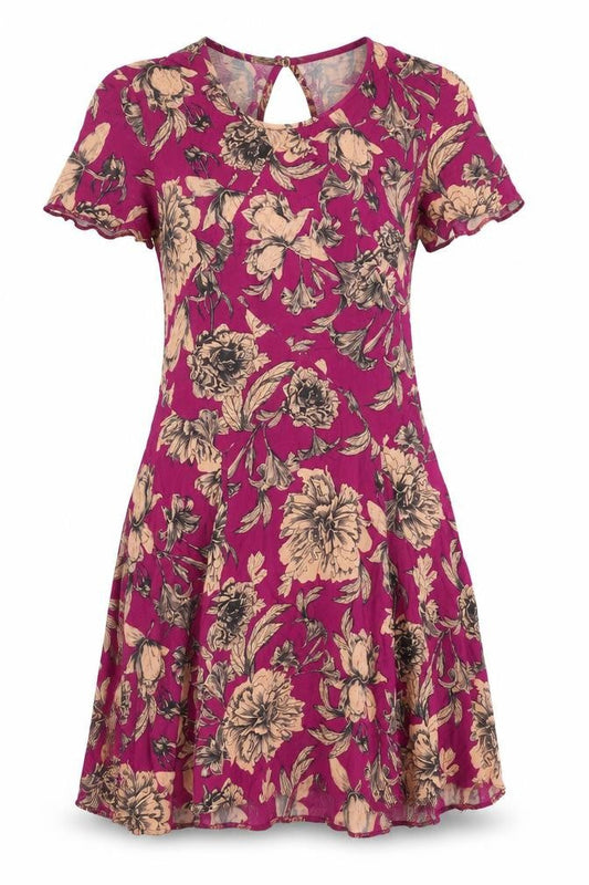 Miss Selfridge Womens Pink Floral Viscose A-Line Size 8 Scoop Neck Button - Cut Out Back Detail