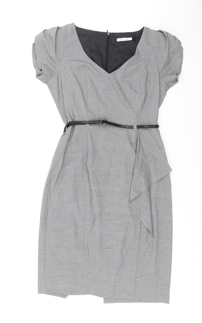 Marks & Spencer Womens Black Herringbone Polyester A-Line Size 10 V-Neck Zip - Removable belt