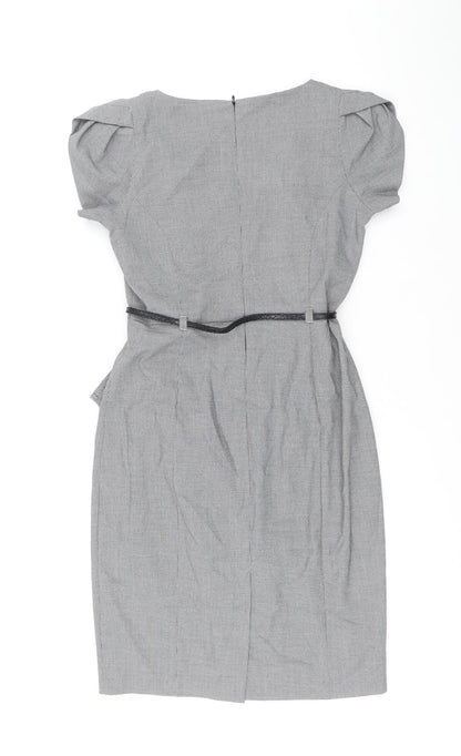 Marks & Spencer Womens Black Herringbone Polyester A-Line Size 10 V-Neck Zip - Removable belt