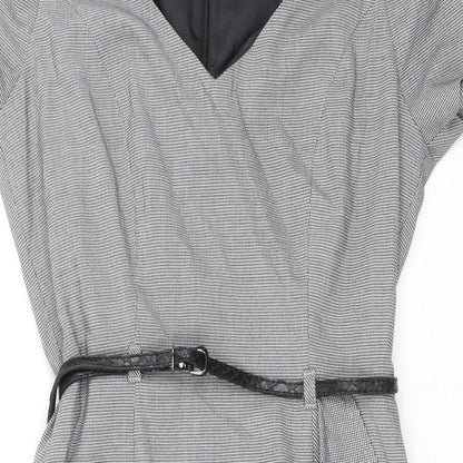 Marks & Spencer Womens Black Herringbone Polyester A-Line Size 10 V-Neck Zip - Removable belt