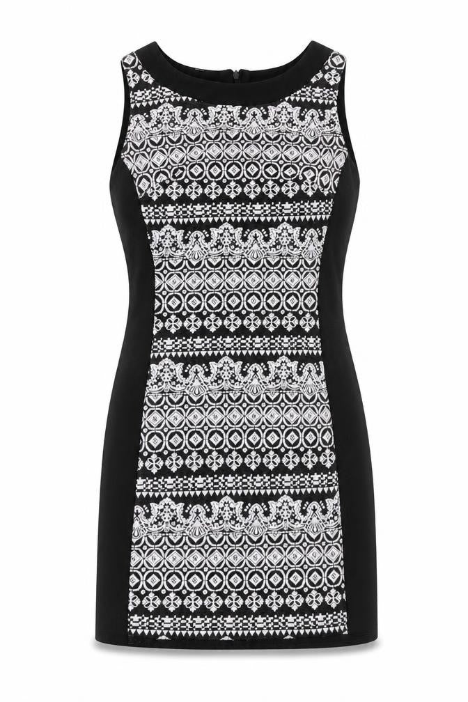 Preworn Womens Black Geometric Polyester A-Line Size 6 Round Neck Zip