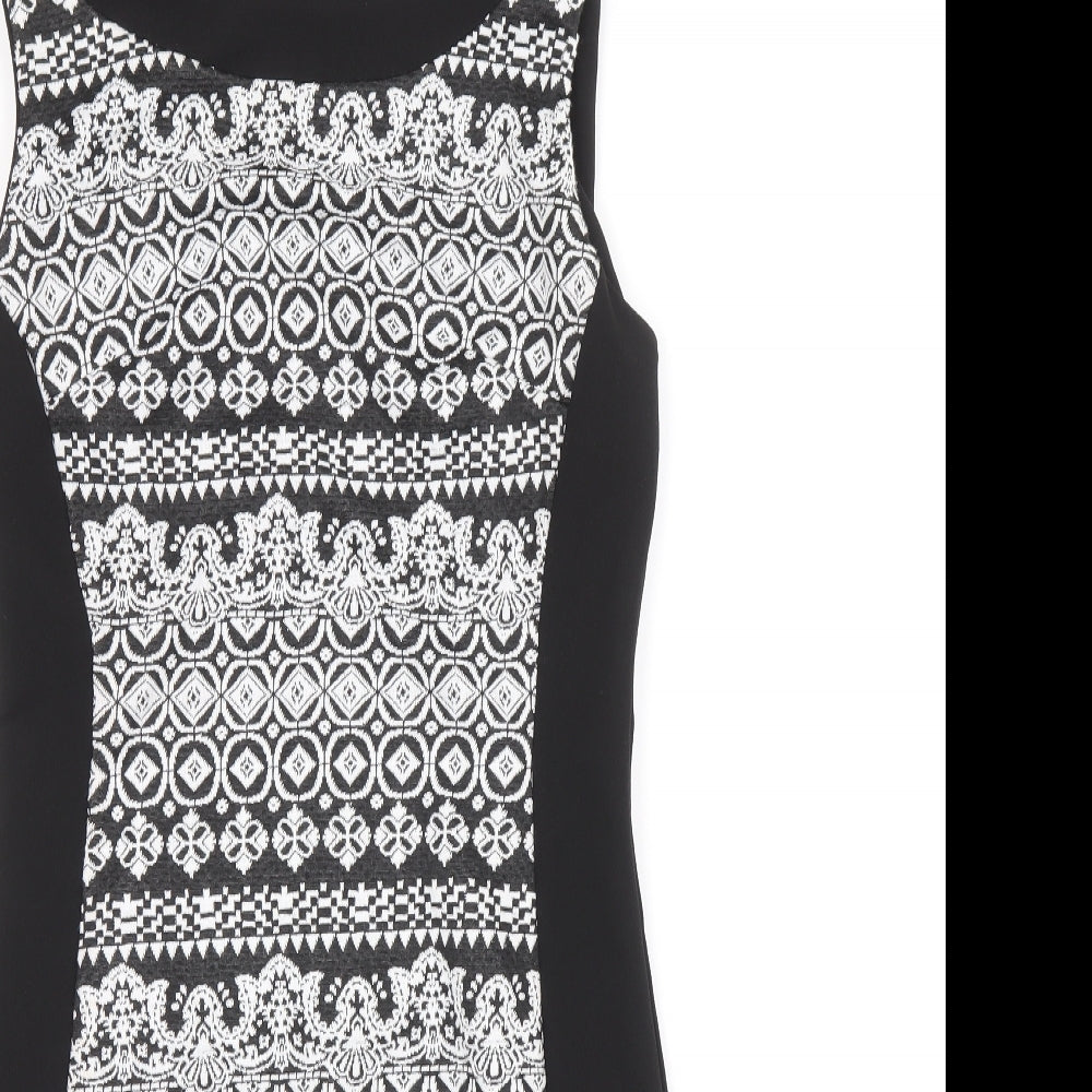 Preworn Womens Black Geometric Polyester A-Line Size 6 Round Neck Zip