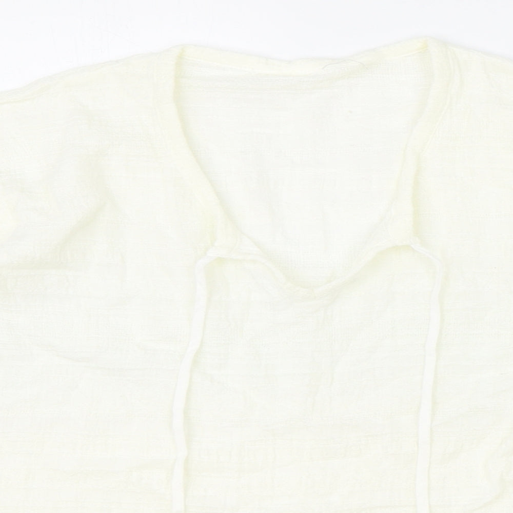 Preworn Womens Ivory 100% Cotton Basic Blouse Size L V-Neck - Tie Neck Detail