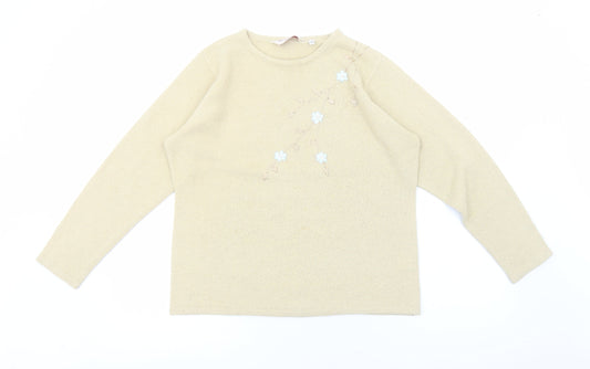 EWM Womens Beige Round Neck Acrylic Pullover Jumper Size M - Floral