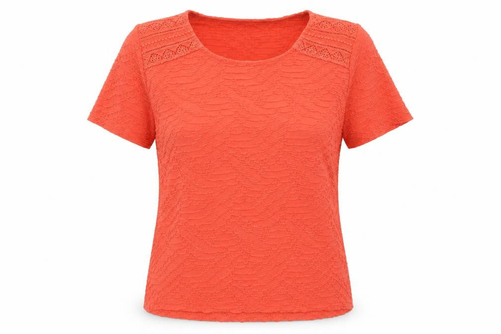 EWM Womens Orange Geometric Polyester Basic T-Shirt Size M Round Neck - Lace Detail