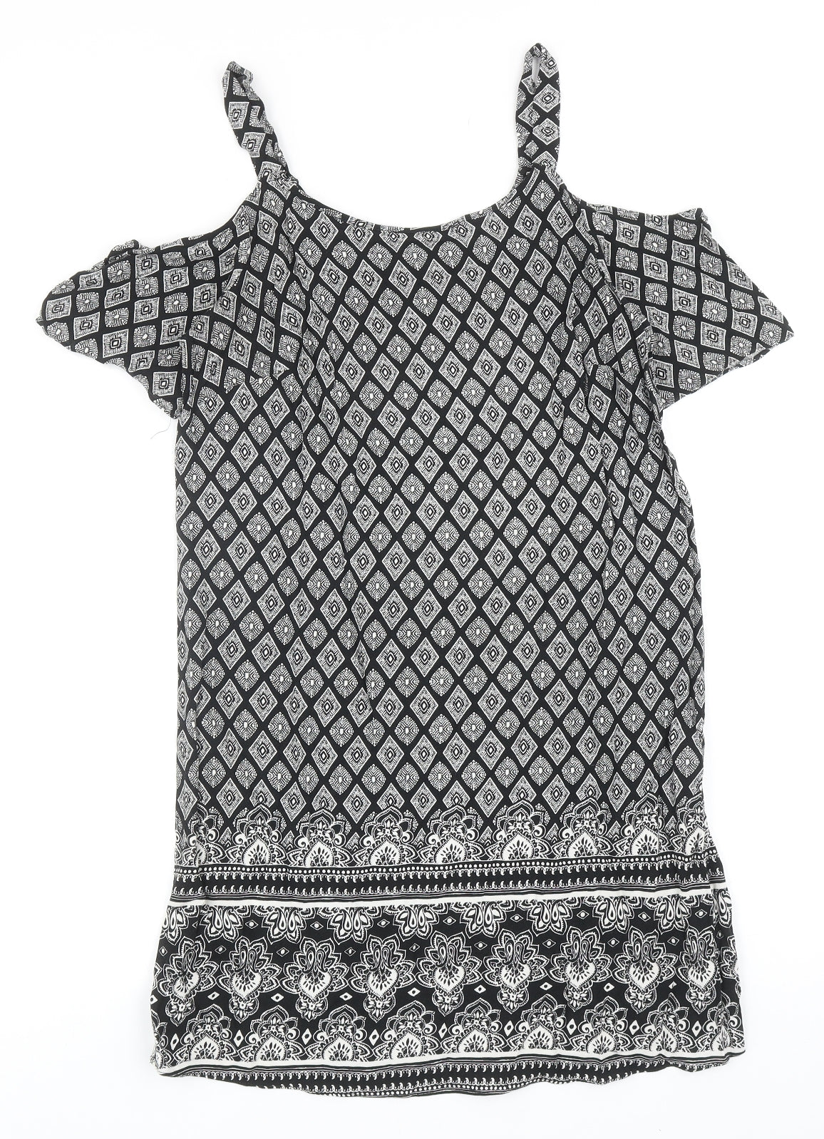 Papaya Womens Black Geometric Polyester A-Line Size 8 Scoop Neck Pullover - Cold Shoulder