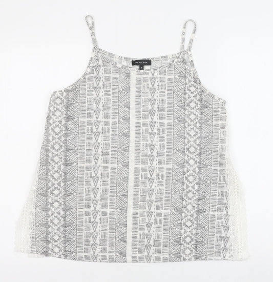 New Look Womens Grey Geometric Polyester Basic Tank Size 12 Round Neck - Lace Detail