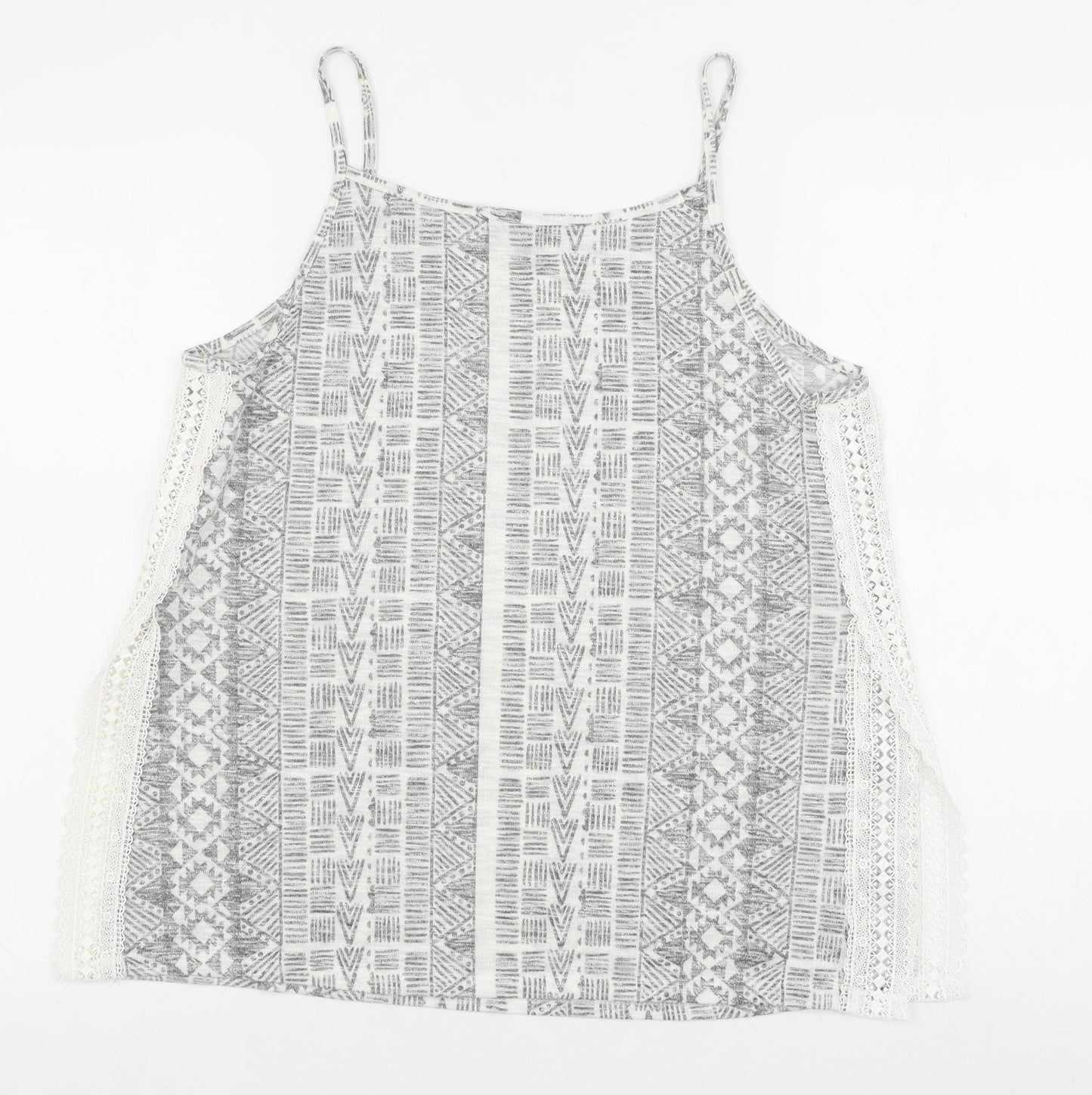 New Look Womens Grey Geometric Polyester Basic Tank Size 12 Round Neck - Lace Detail