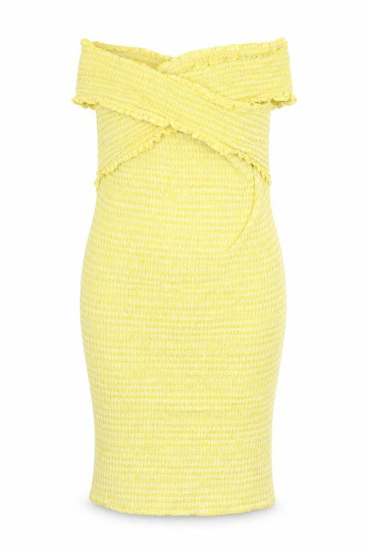 Missguided Womens Yellow Check 100% Cotton Bodycon Size 6 Off the Shoulder Pullover