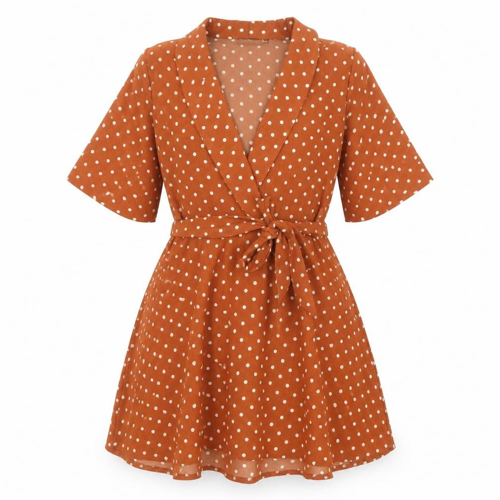 PRETTYLITTLETHING Womens Brown Polka Dot Polyester Fit & Flare Size 6 V-Neck Tie