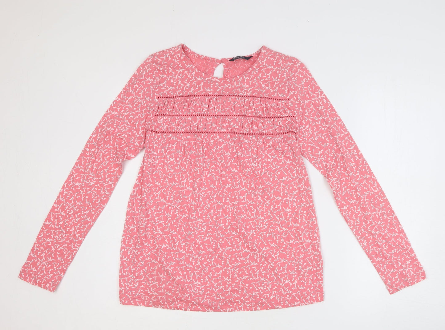 Marks and Spencer Womens Pink Geometric 100% Cotton Basic T-Shirt Size 6 Round Neck