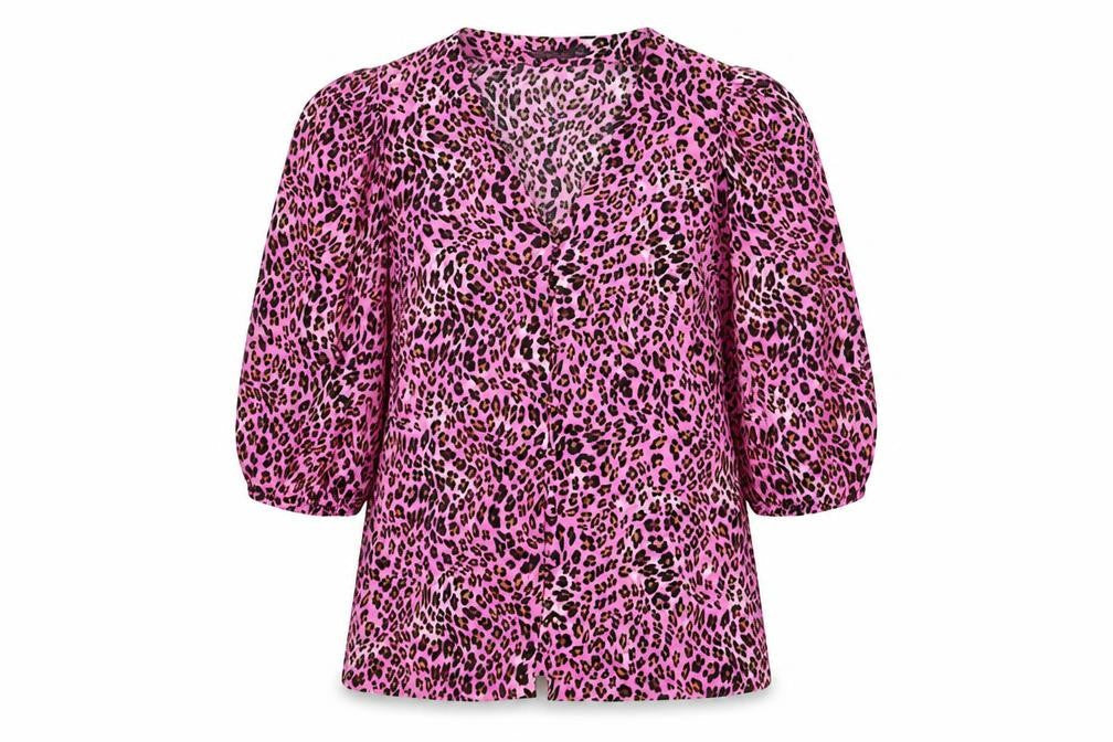 Marks & Spencer Womens Pink Animal Print Viscose Basic Blouse Size 8 V-Neck - Leopard Print