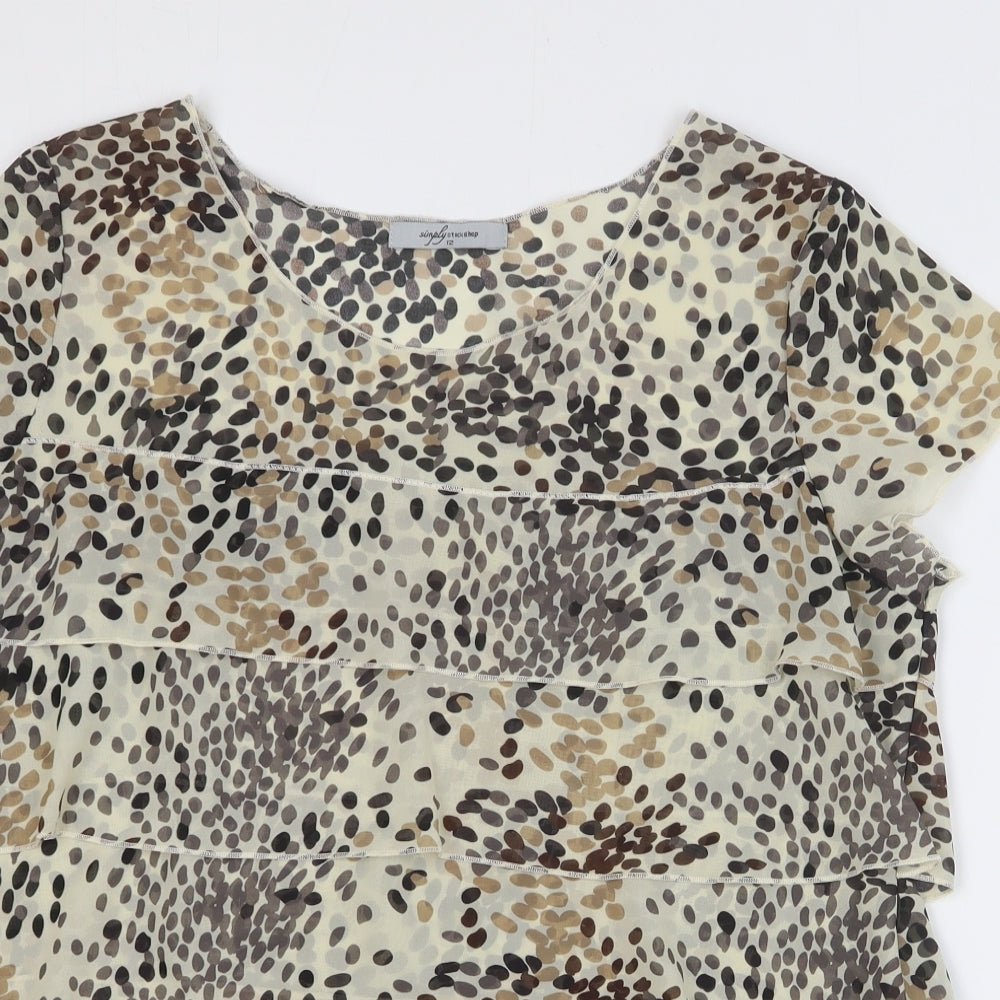 Preworn Womens Brown Geometric Polyester Basic Blouse Size 12 Round Neck