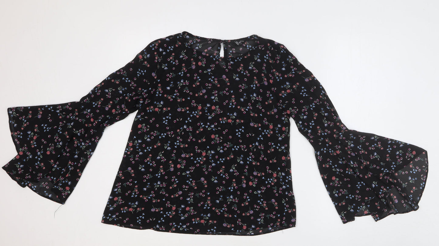 New Look Womens Black Geometric Polyester Basic Blouse Size 8 Round Neck
