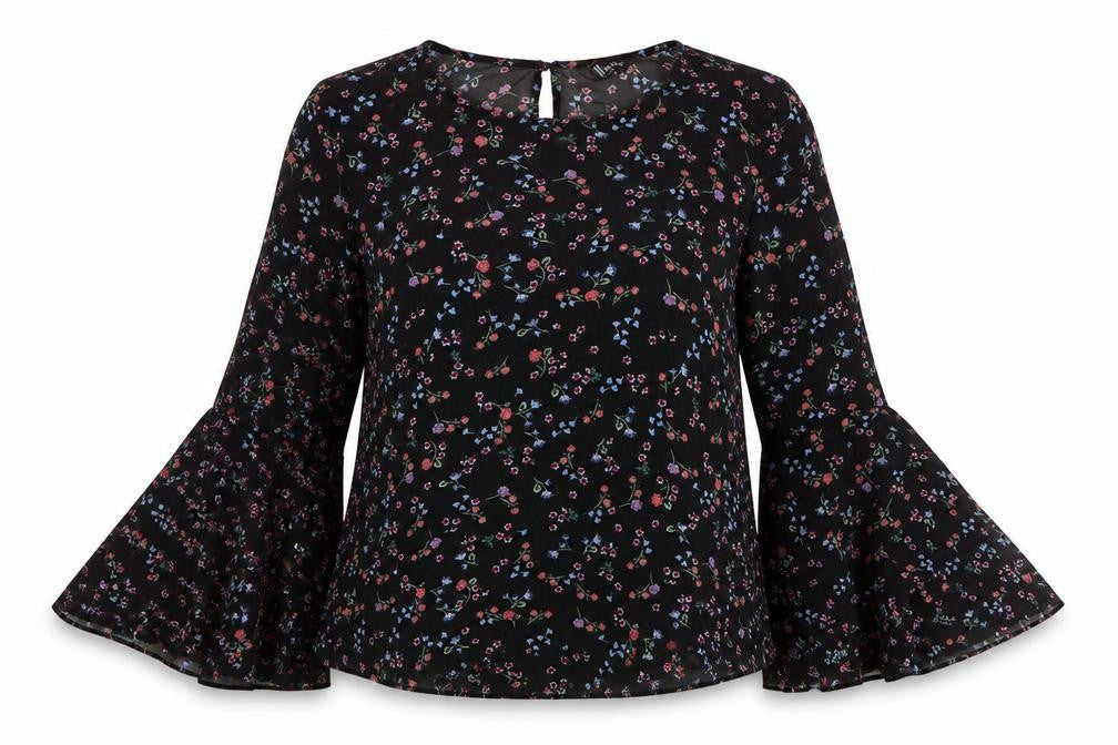 New Look Womens Black Geometric Polyester Basic Blouse Size 8 Round Neck