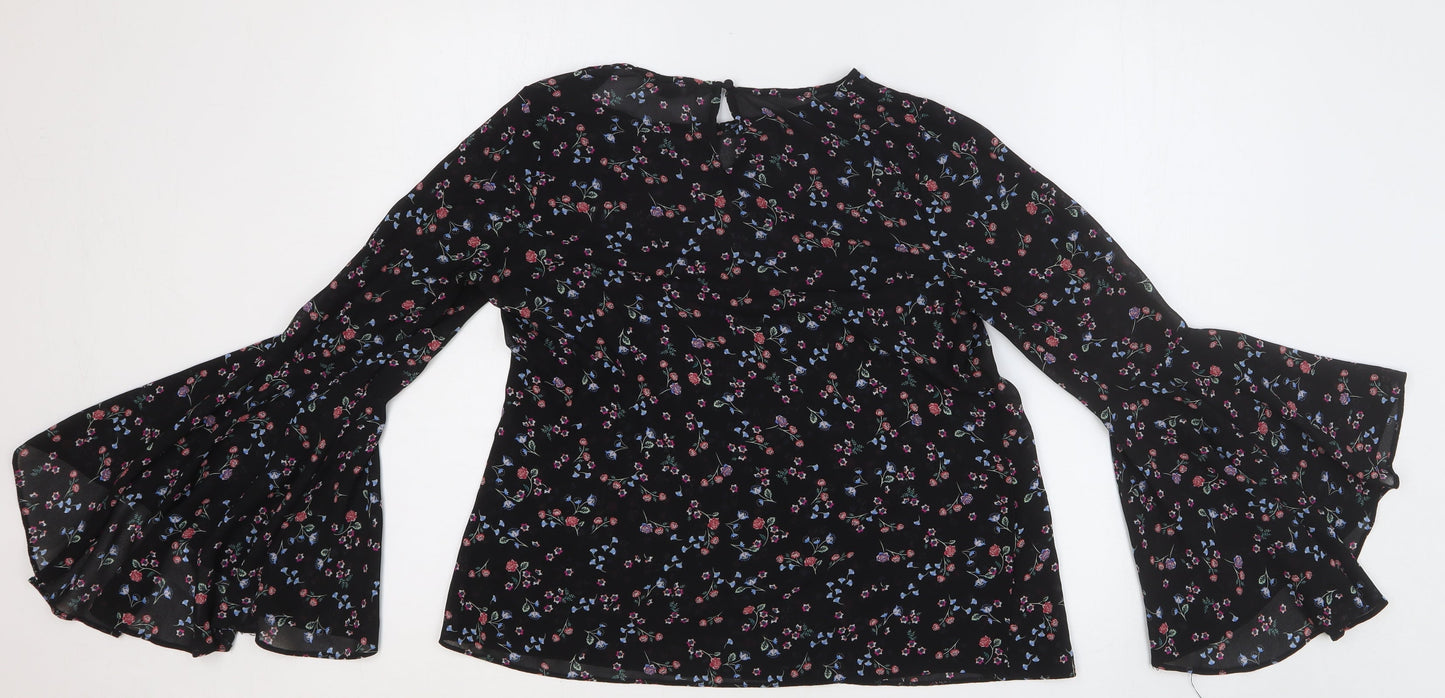 New Look Womens Black Geometric Polyester Basic Blouse Size 8 Round Neck