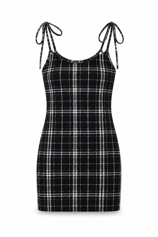 SheIn Womens Black Plaid Polyester A-Line Size XS Scoop Neck Tie