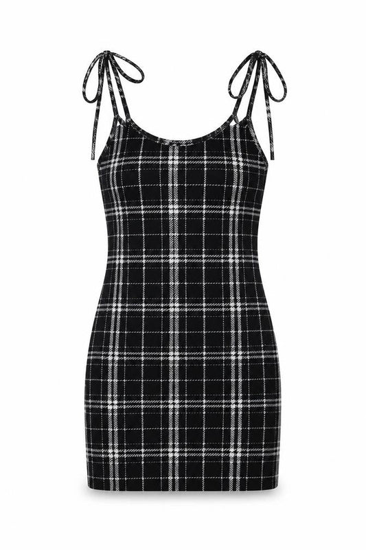 SheIn Womens Black Plaid Polyester A-Line Size XS Scoop Neck Tie