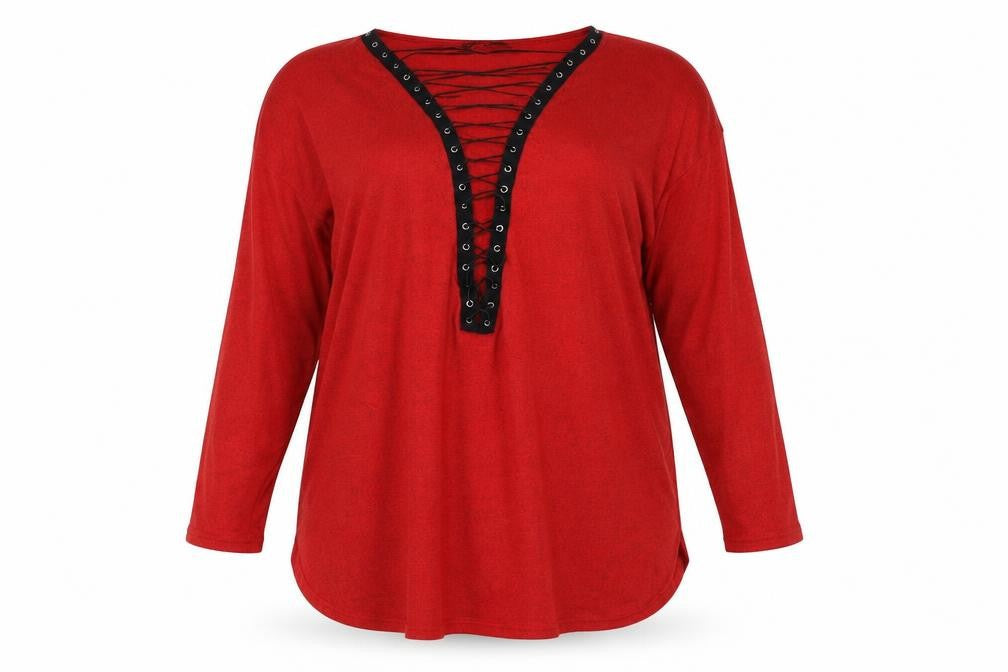 Zanzea Womens Red V-Neck Polyester Pullover Jumper Size 4XL