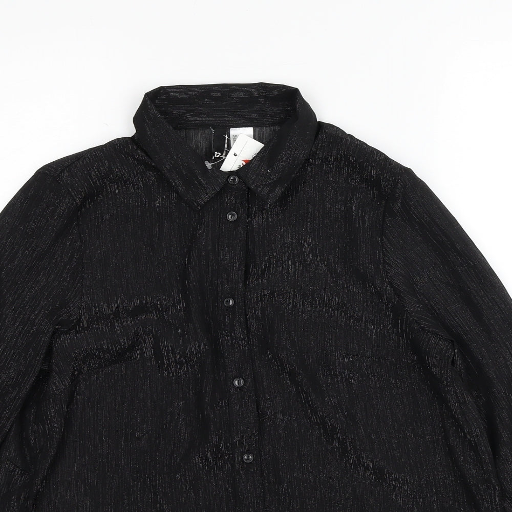 Divided by H&M Womens Black Geometric Polyester Basic Button-Up Size 12 V-Neck