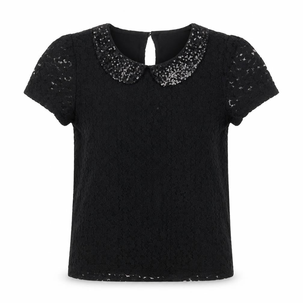 Marks & Spencer Girls Black 100% Cotton Pullover T-Shirt Size 8-9 Years Collared Button - Lace