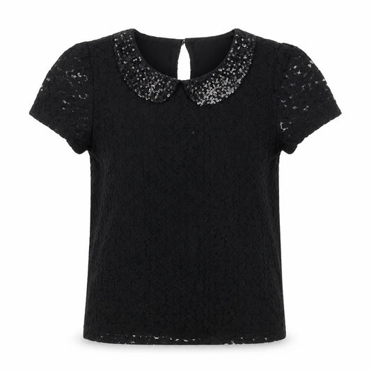 Marks & Spencer Girls Black 100% Cotton Pullover T-Shirt Size 8-9 Years Collared Button - Lace
