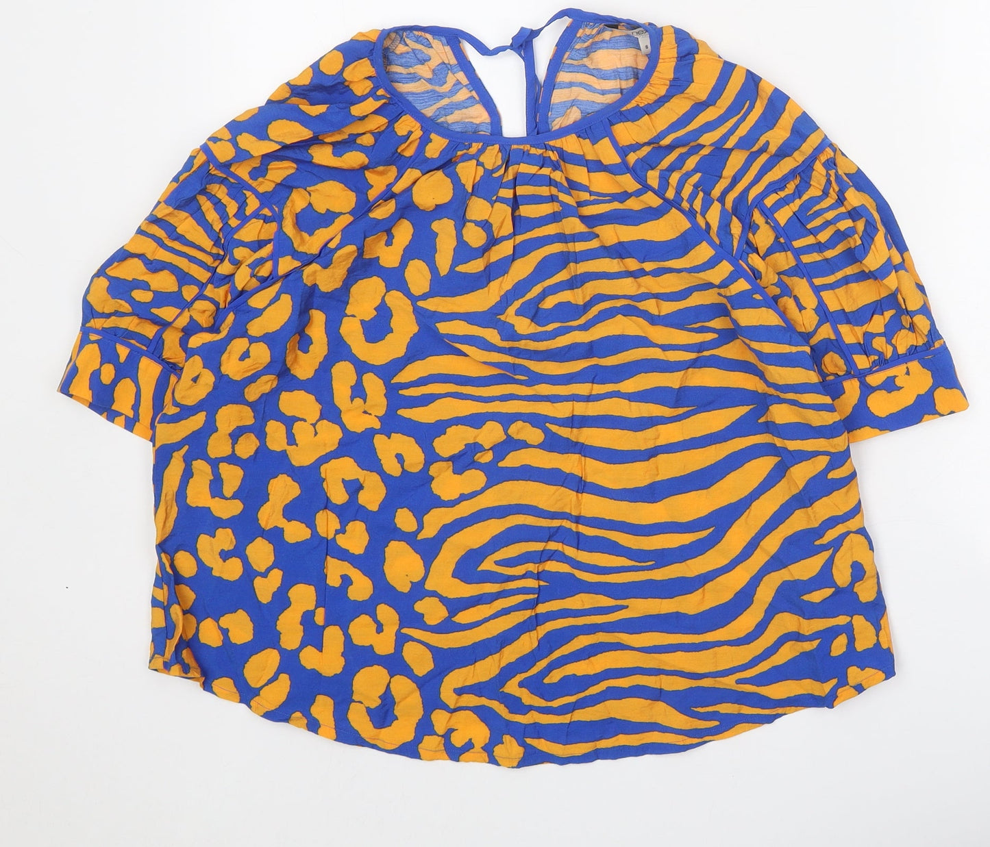 NEXT Womens Blue Geometric Viscose Basic Blouse Size 8 Round Neck