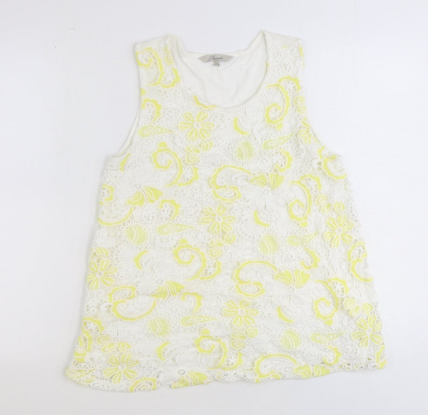 Peacocks Womens Yellow Geometric Polyester Basic Tank Size 10 Round Neck - Broderie Anglaise
