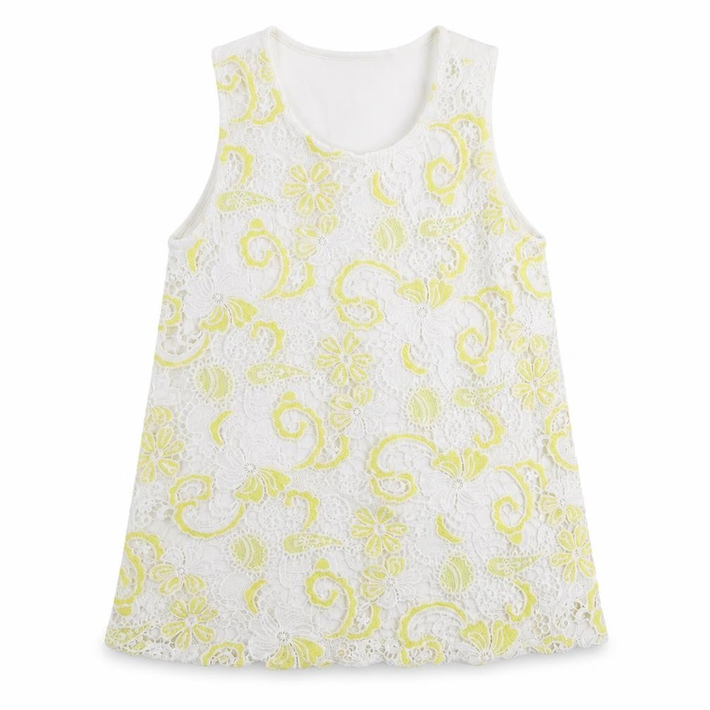 Peacocks Womens Yellow Geometric Polyester Basic Tank Size 10 Round Neck - Broderie Anglaise