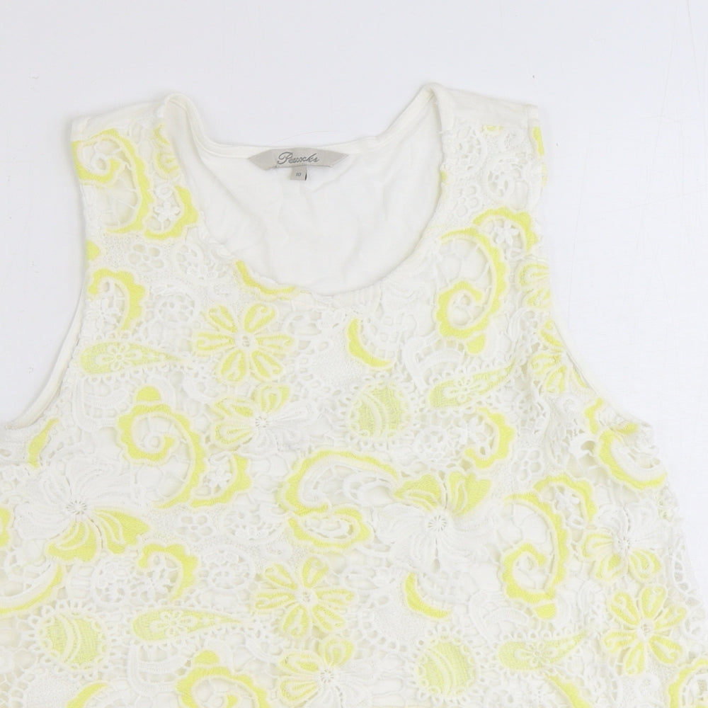 Peacocks Womens Yellow Geometric Polyester Basic Tank Size 10 Round Neck - Broderie Anglaise