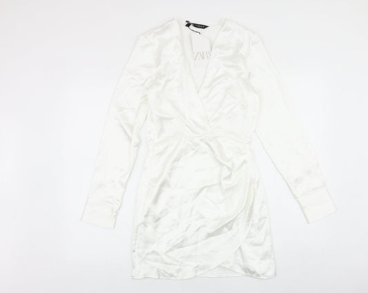 Zara Womens White Polyester A-Line Size XS V-Neck Zip
