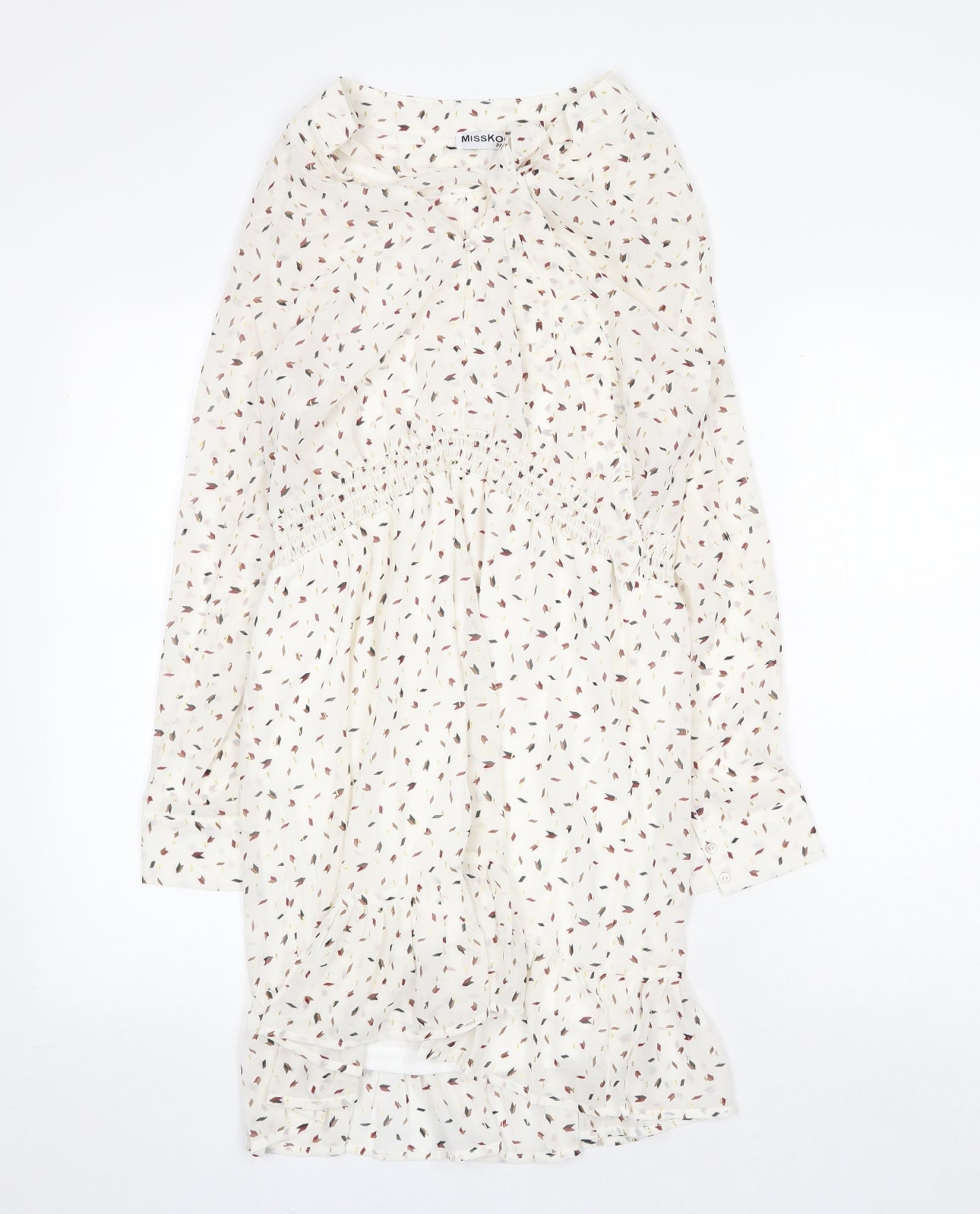 Misskoo Womens White Geometric Polyester A-Line Size S V-Neck Button