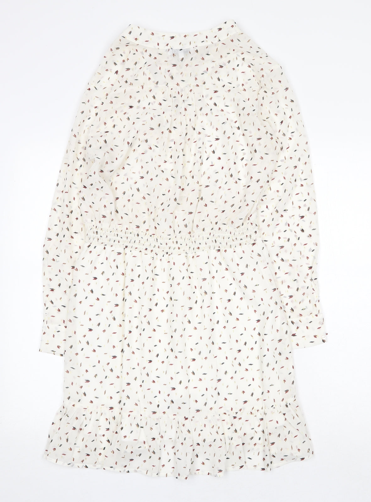 Misskoo Womens White Geometric Polyester A-Line Size S V-Neck Button