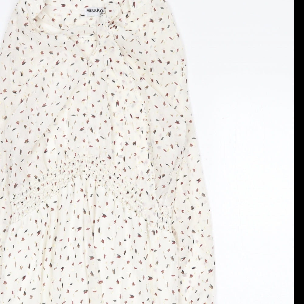 Misskoo Womens White Geometric Polyester A-Line Size S V-Neck Button