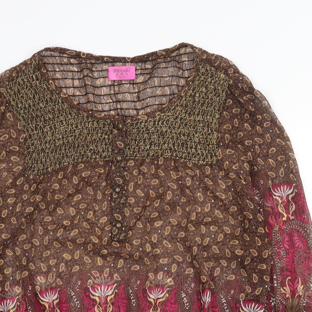 Ribbon Womens Beige Geometric Polyester Basic Blouse Size 10 Round Neck