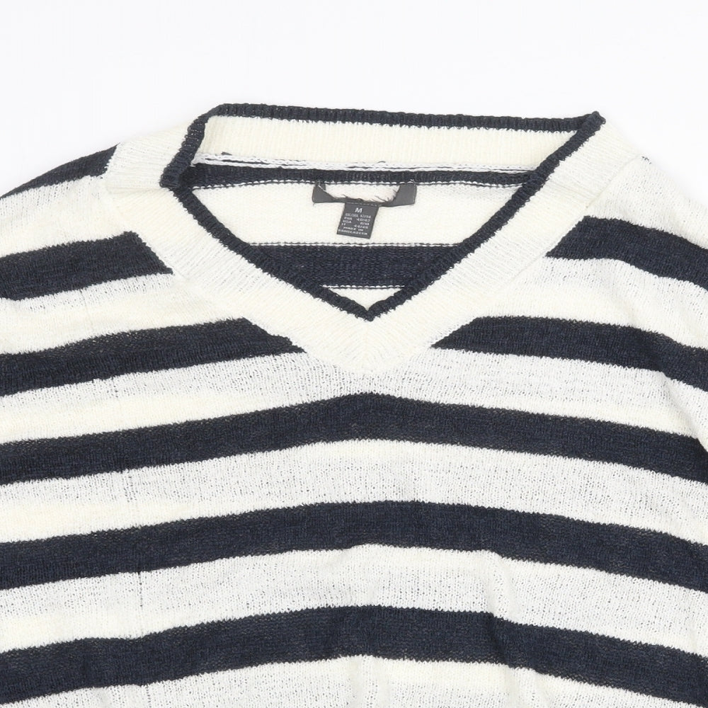 Primark Womens White V-Neck Striped Acrylic Pullover Jumper Size M