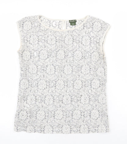 Eddie Bauer Womens Grey Floral Cotton Basic Blouse Size S Round Neck