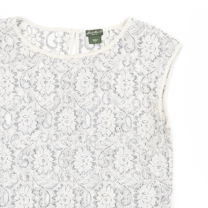 Eddie Bauer Womens Grey Floral Cotton Basic Blouse Size S Round Neck