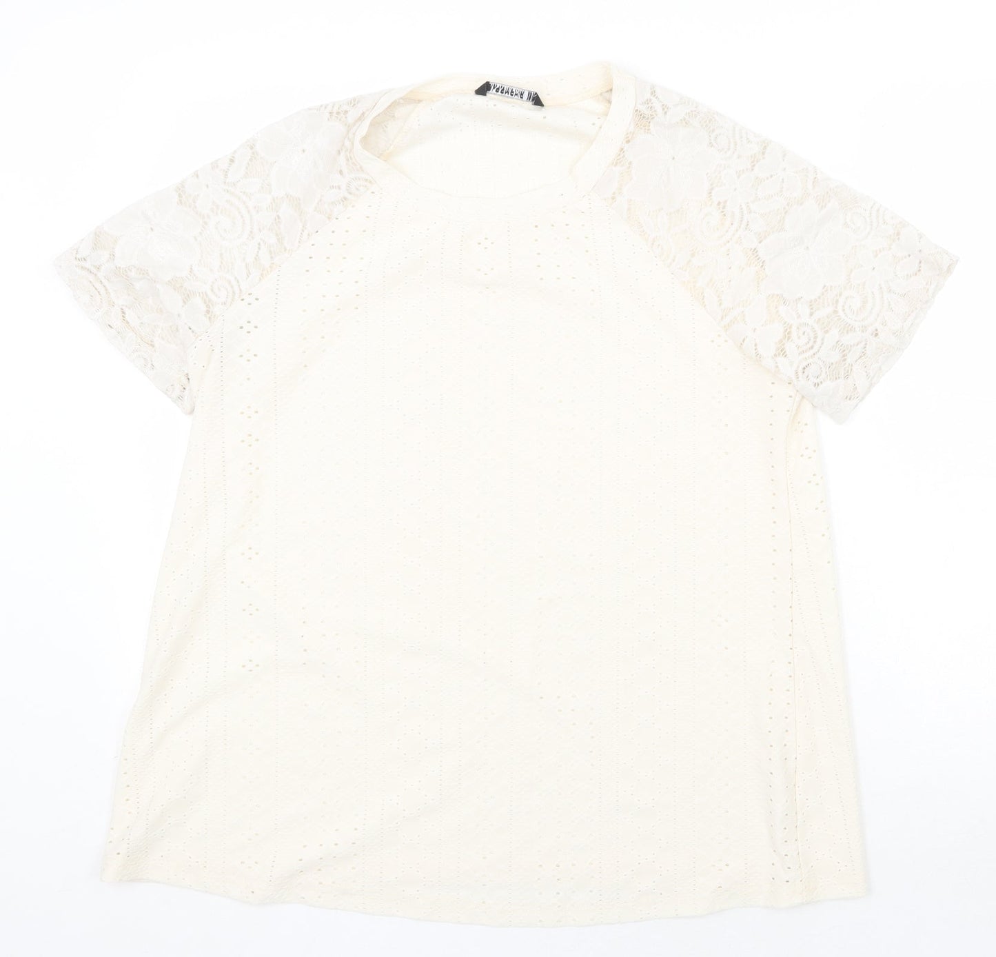 Bloomchic Womens Ivory Polyester Basic T-Shirt Size 10 Round Neck - Lace Sleeve