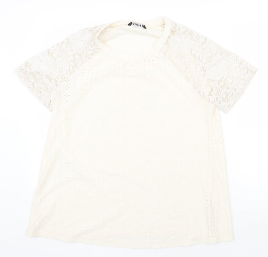 Bloomchic Womens Ivory Polyester Basic T-Shirt Size 10 Round Neck - Lace Sleeve